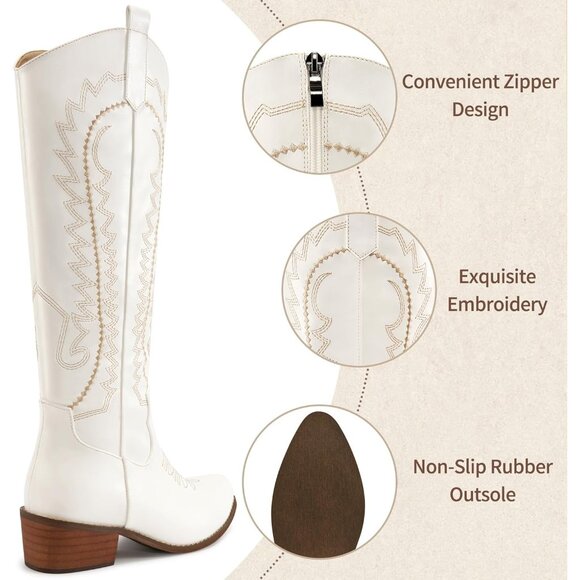 ⚡Women's White Embroidered Knee High with Chunky Heel Pointed Toe Retro Fashion - Picture 4 of 7